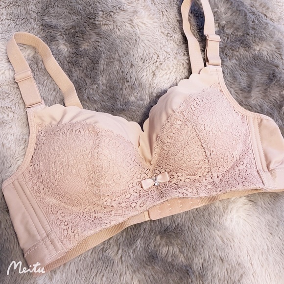 Kawaii Dusty Lilac Purple Ribbon Crystal Lace Thick Padded Push-up Lingerie Bra - Picture 2 of 5